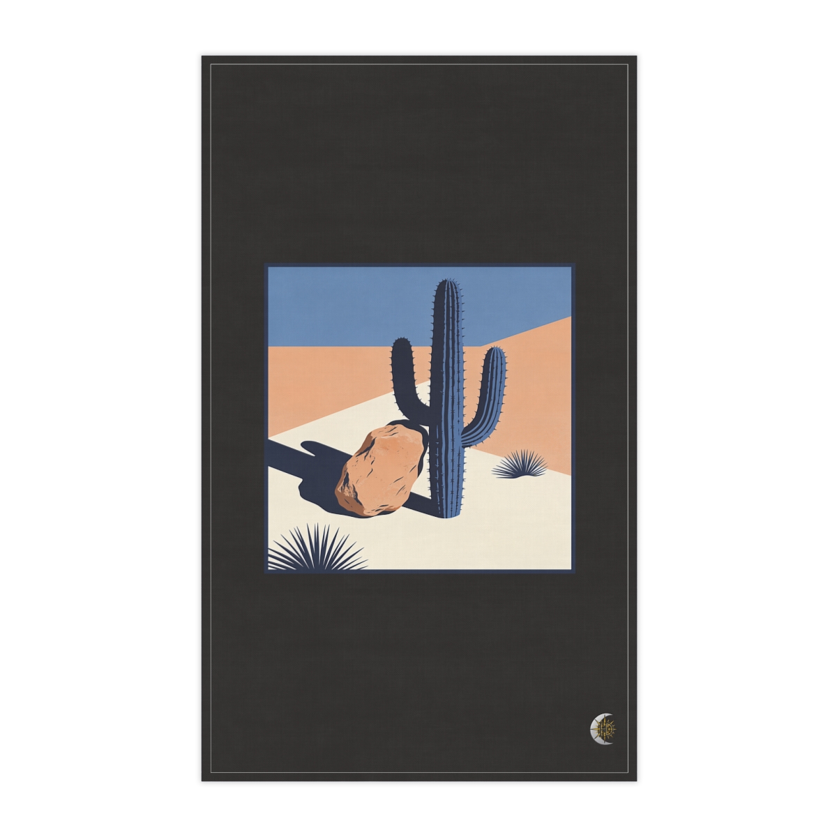 HD Saguaro balanced beside an irregular clay-colored rock 100% Cotton Twill Tea Towel
