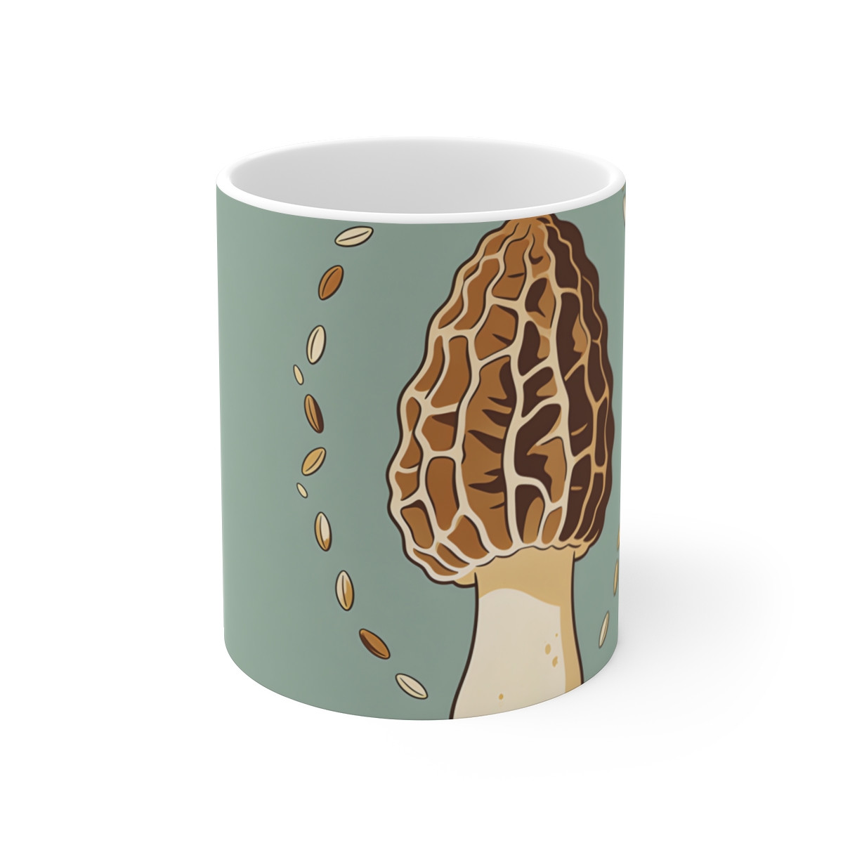 HD Morel surrounded by an arc of scattered seeds Ceramic Mug 11oz