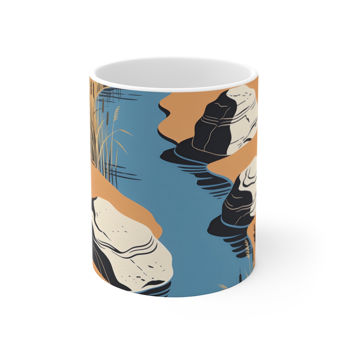 HD Reed-lined creek flowing between three sculptural stone masses Ceramic Mug 11oz