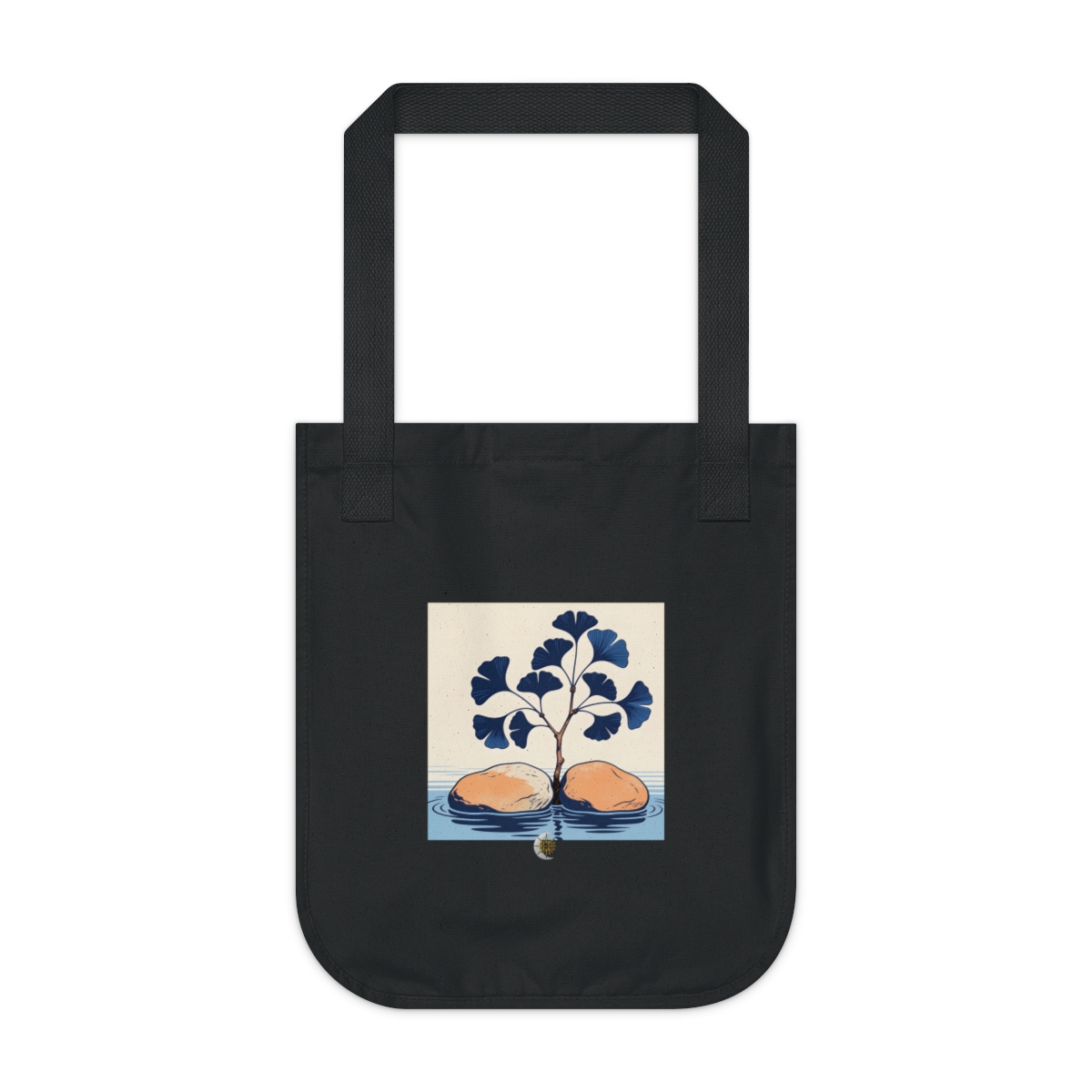 HD Ginkgo branch emerging between two broad river stones Organic Canvas Tote
