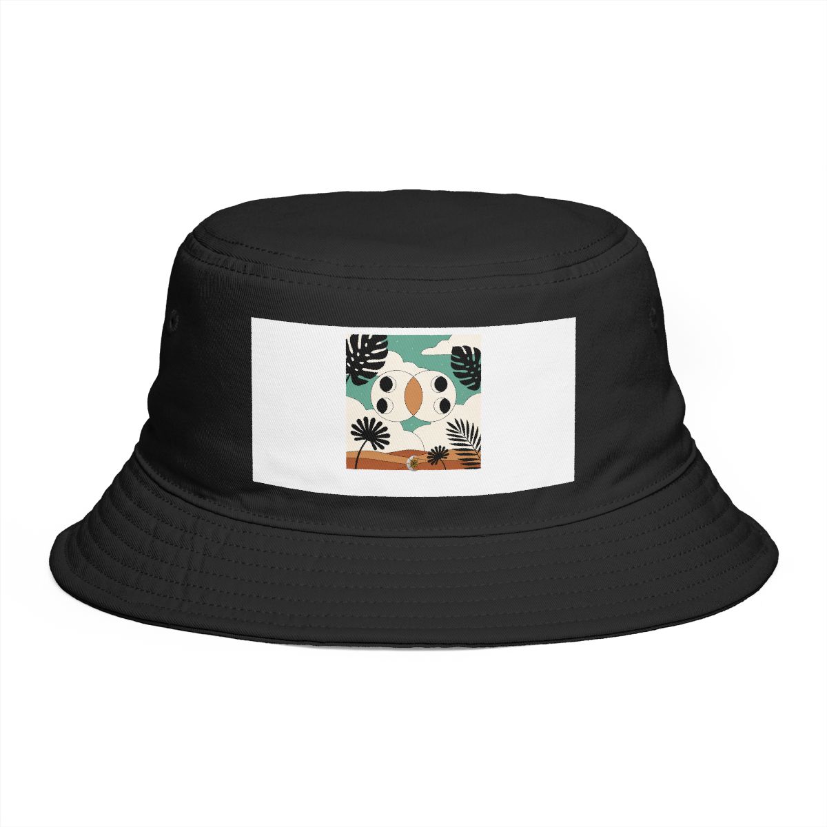HD Pair of nested eclipses interlocking with broad plant silhouettes Bucket Hat