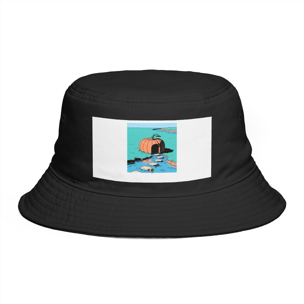 HD Doorless pumpkin shelter connected to a distant bank by stepping stones Bucket Hat