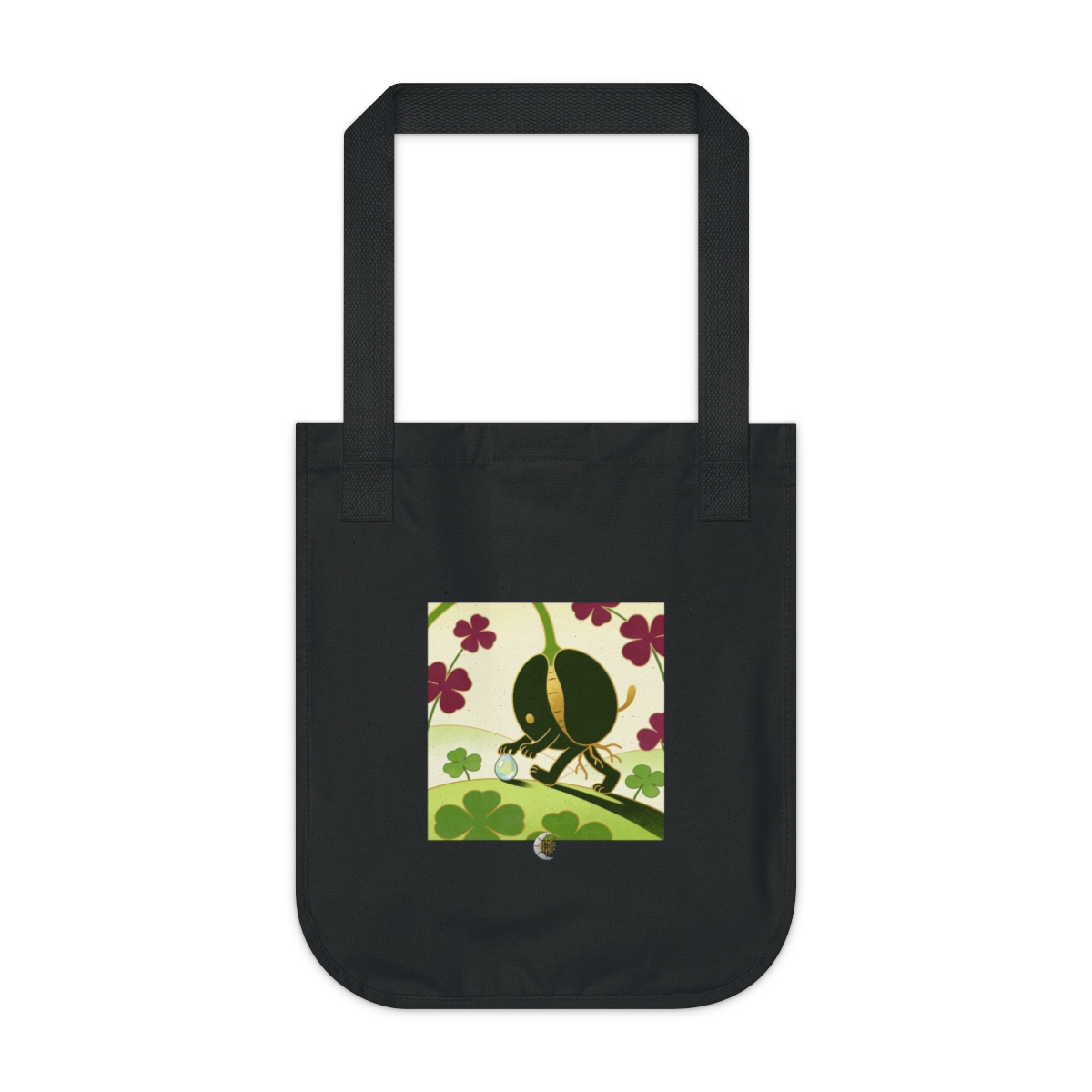 HD Seed creature with root toes gently rolling a dew drop uphill Organic Canvas Tote