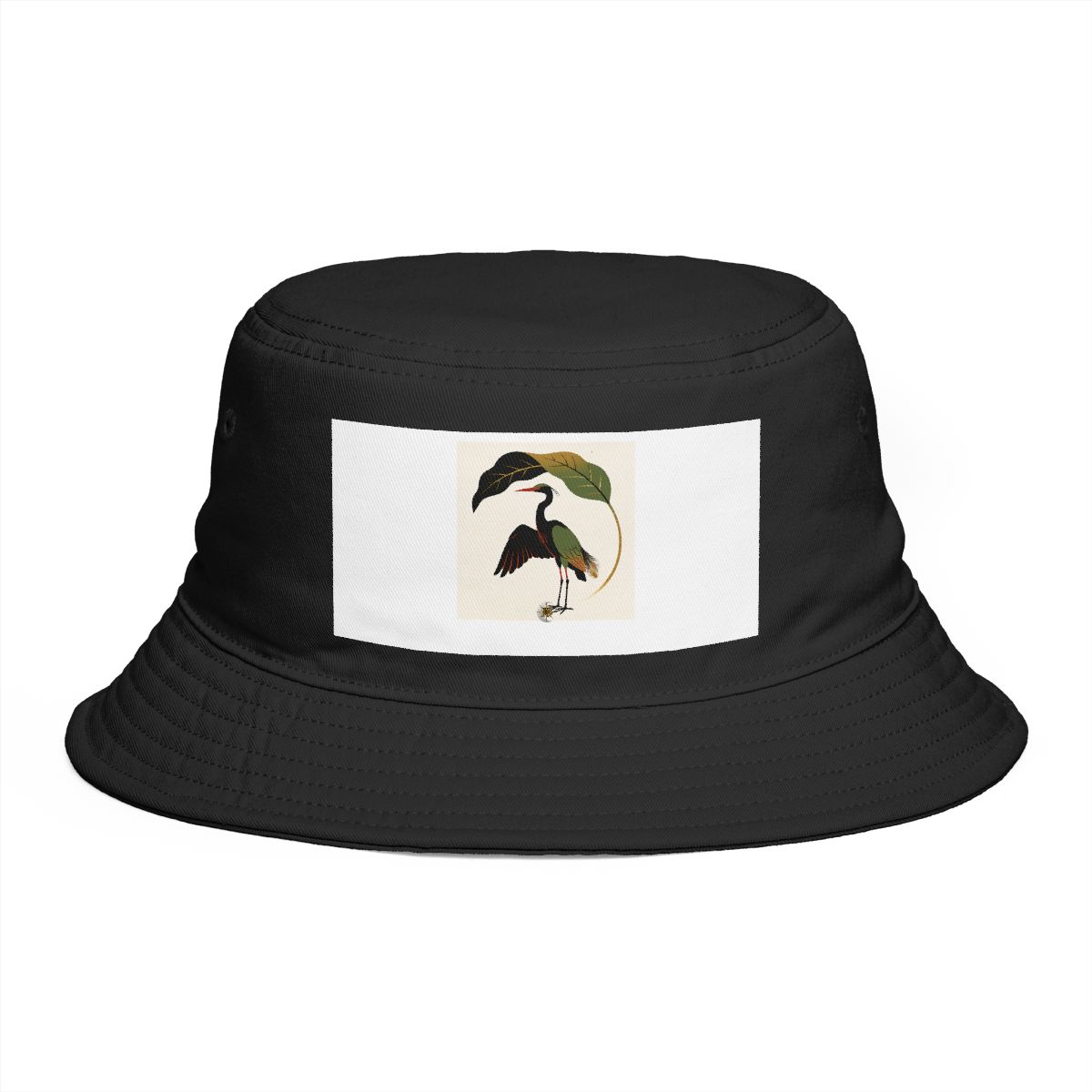 HD Heron framed by one oversized leaf Bucket Hat