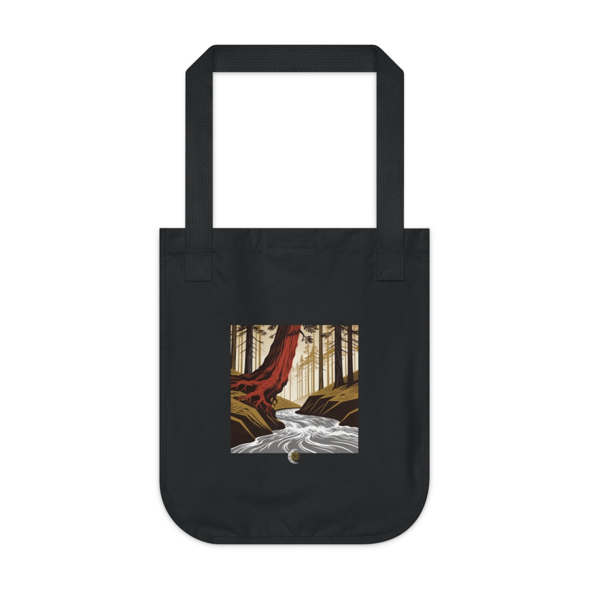 HD Redwood root flare leaning above a swift river bend Organic Canvas Tote