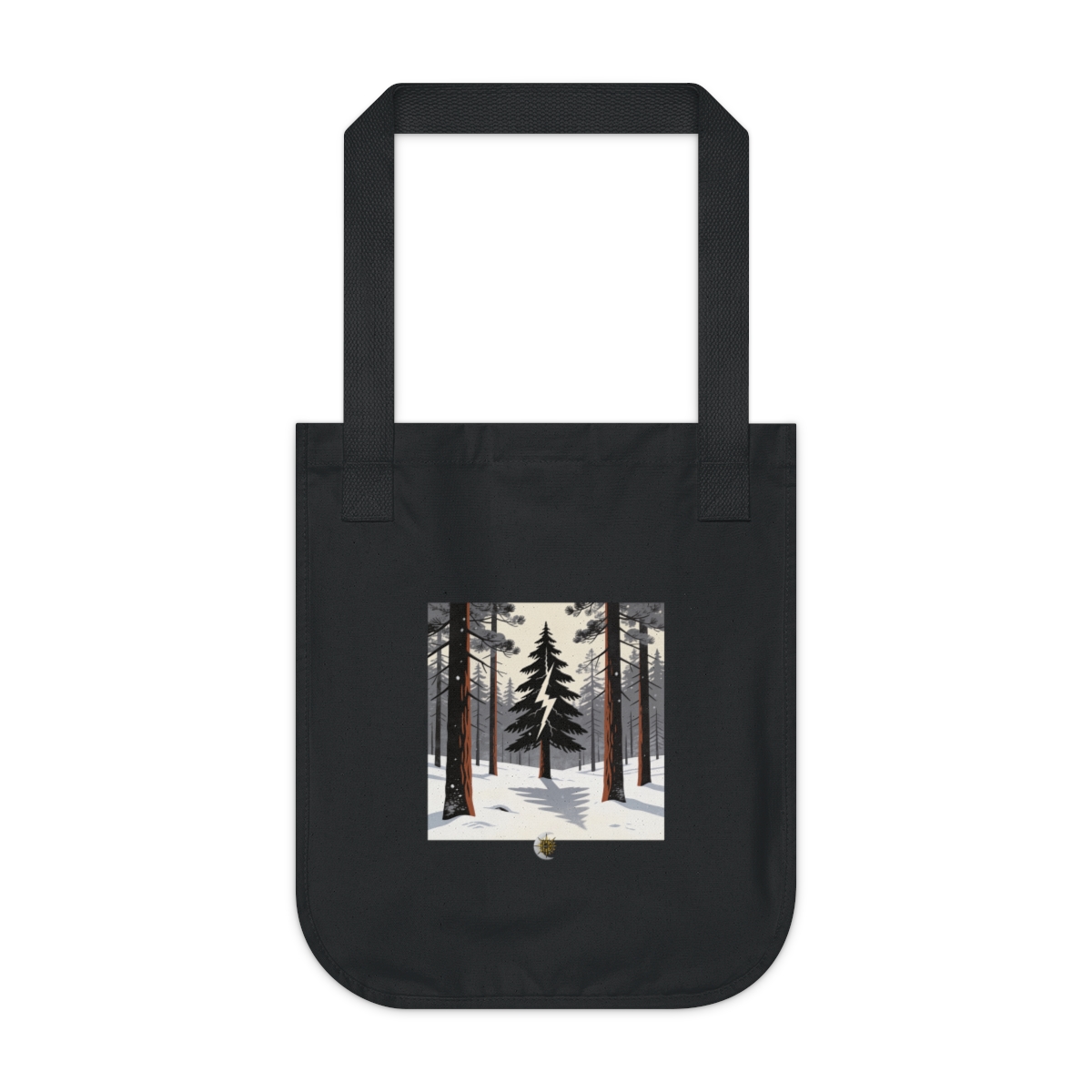 HD Lightning-split pine crossing an illustrated graphic shadow over snow Organic Canvas Tote
