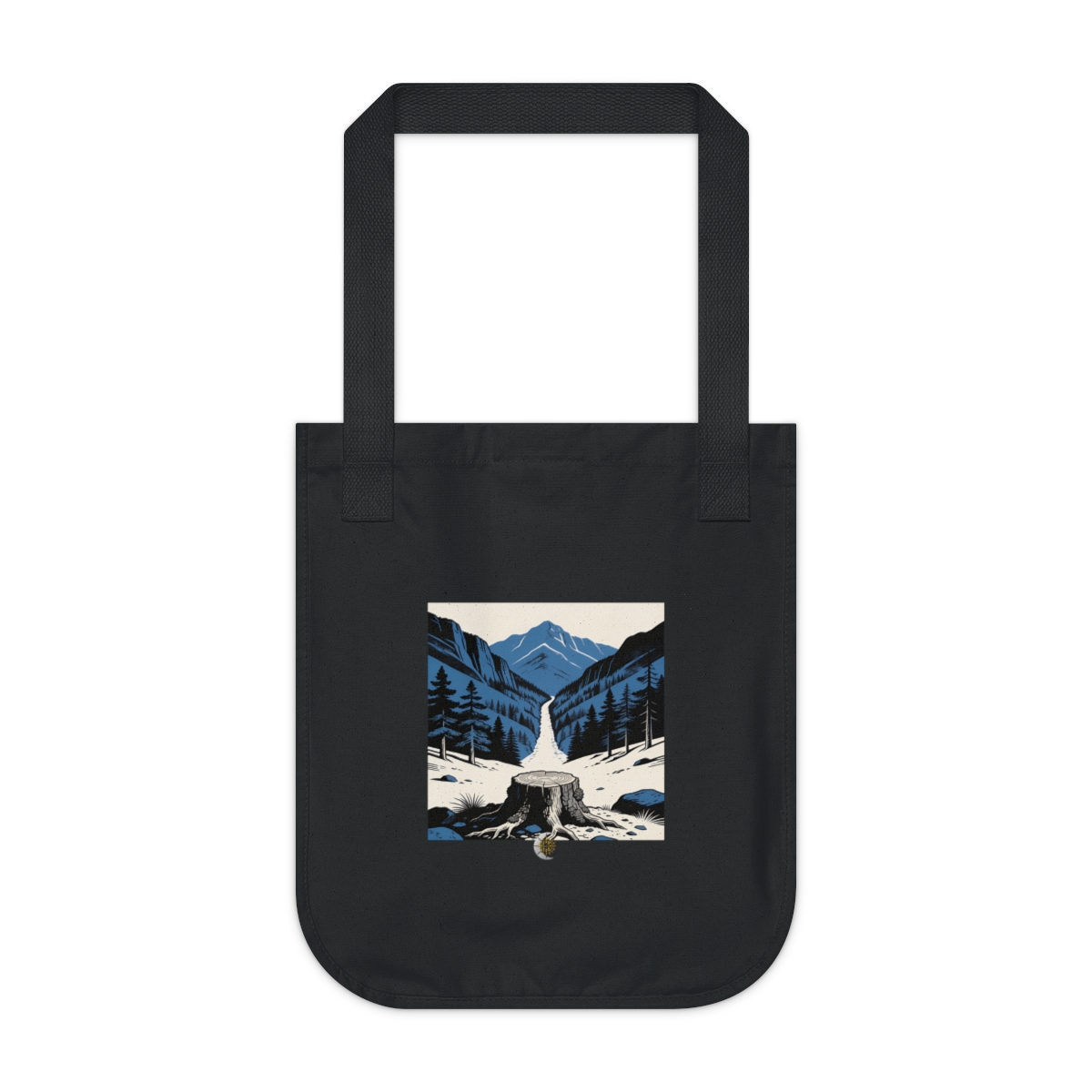 HD Oak stump framing a narrow distant mountain pass Organic Canvas Tote