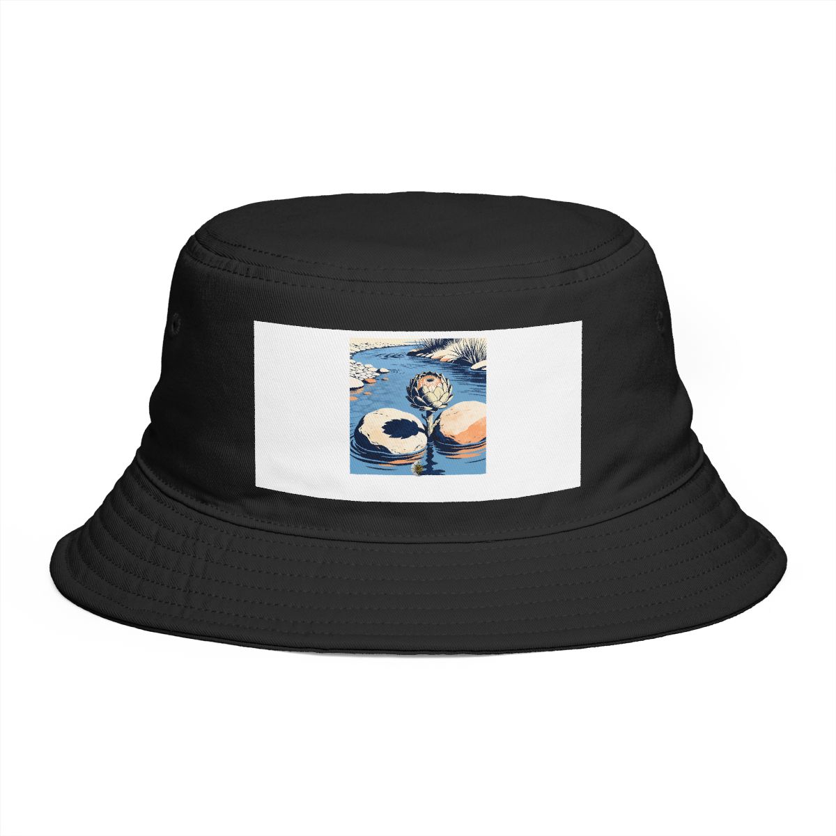 HD Artichoke bloom emerging between two broad river stones Bucket Hat