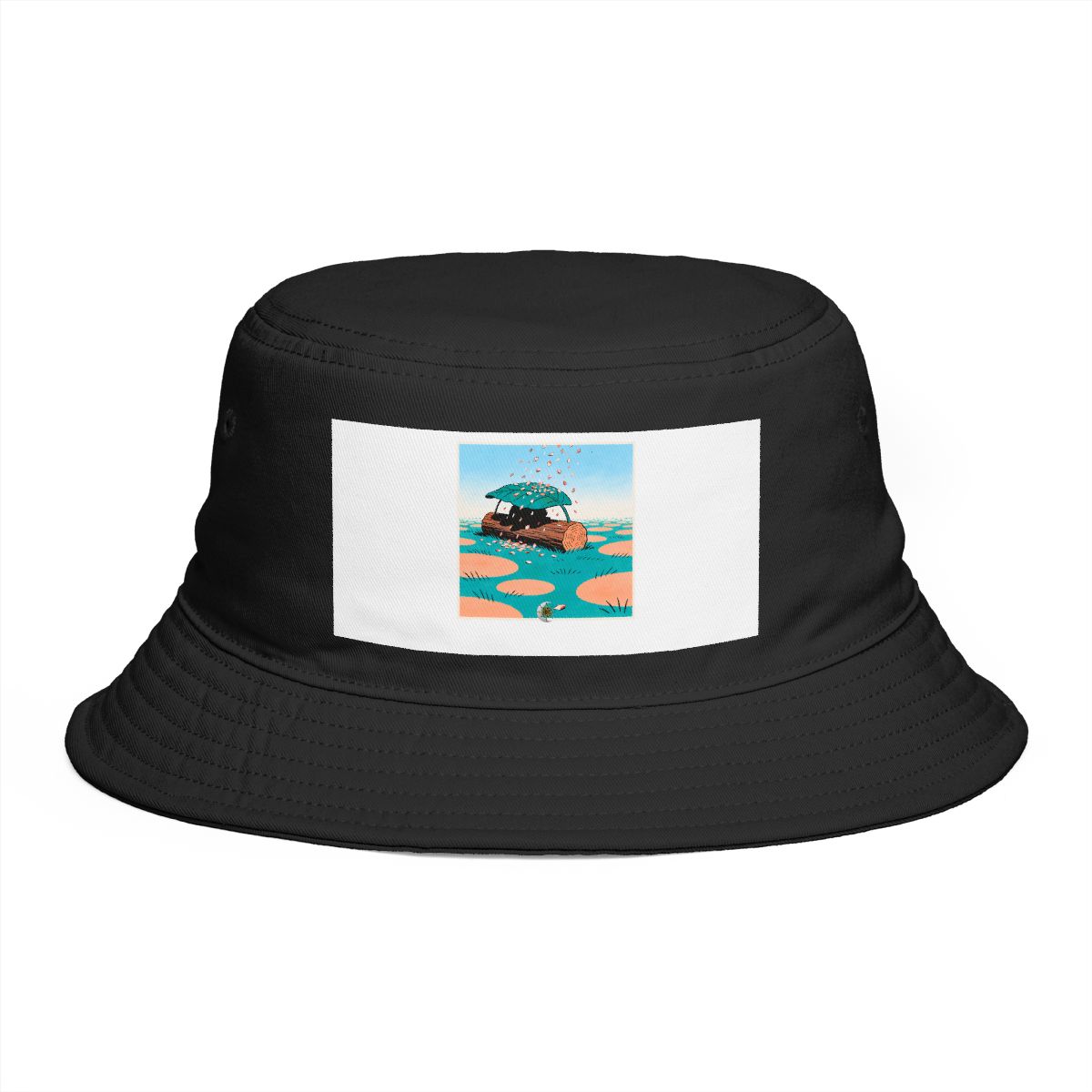 HD Log with a leaf roof receiving a shower of falling petals Bucket Hat