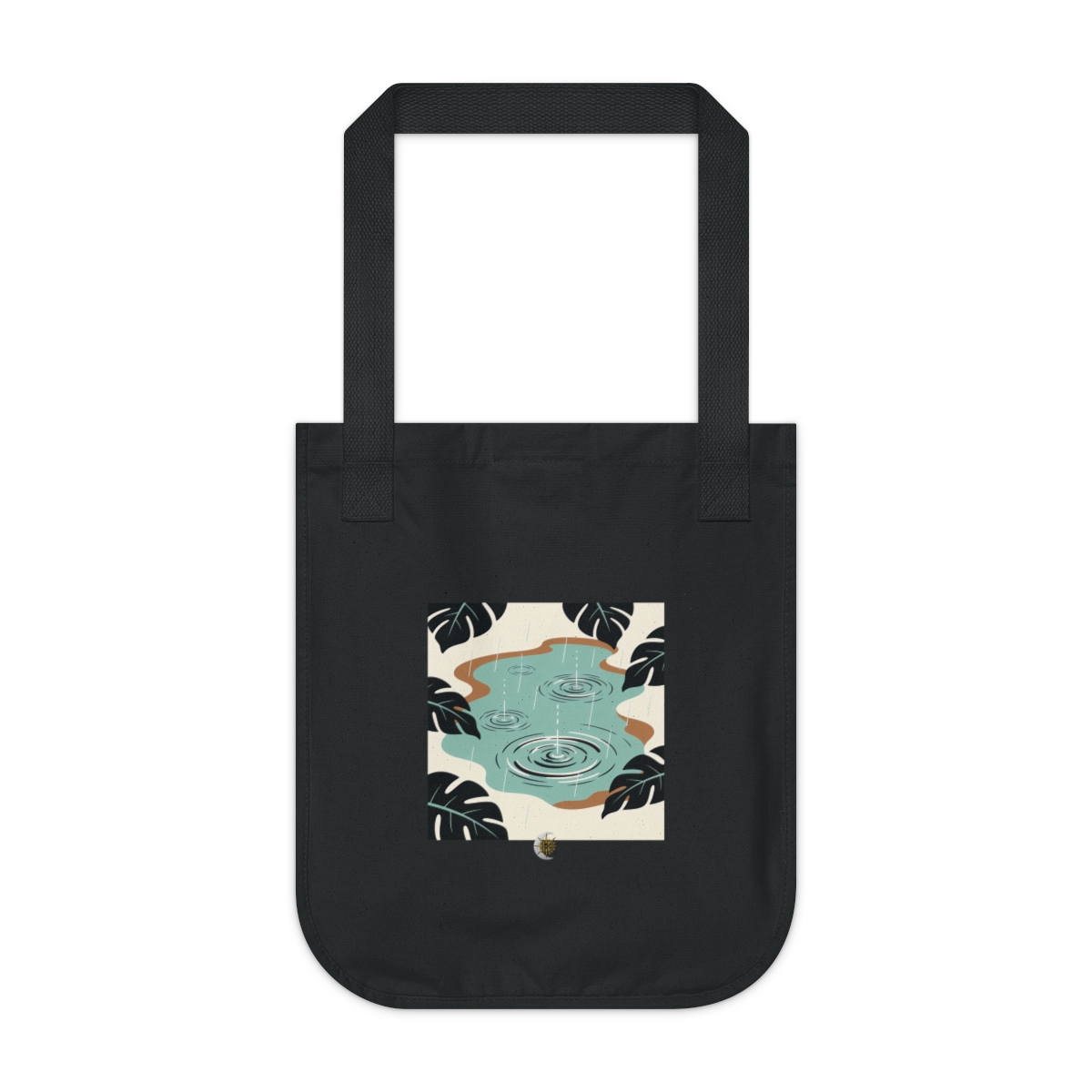 HD Rain rings on water framed by overlapping leaf silhouettes Organic Canvas Tote