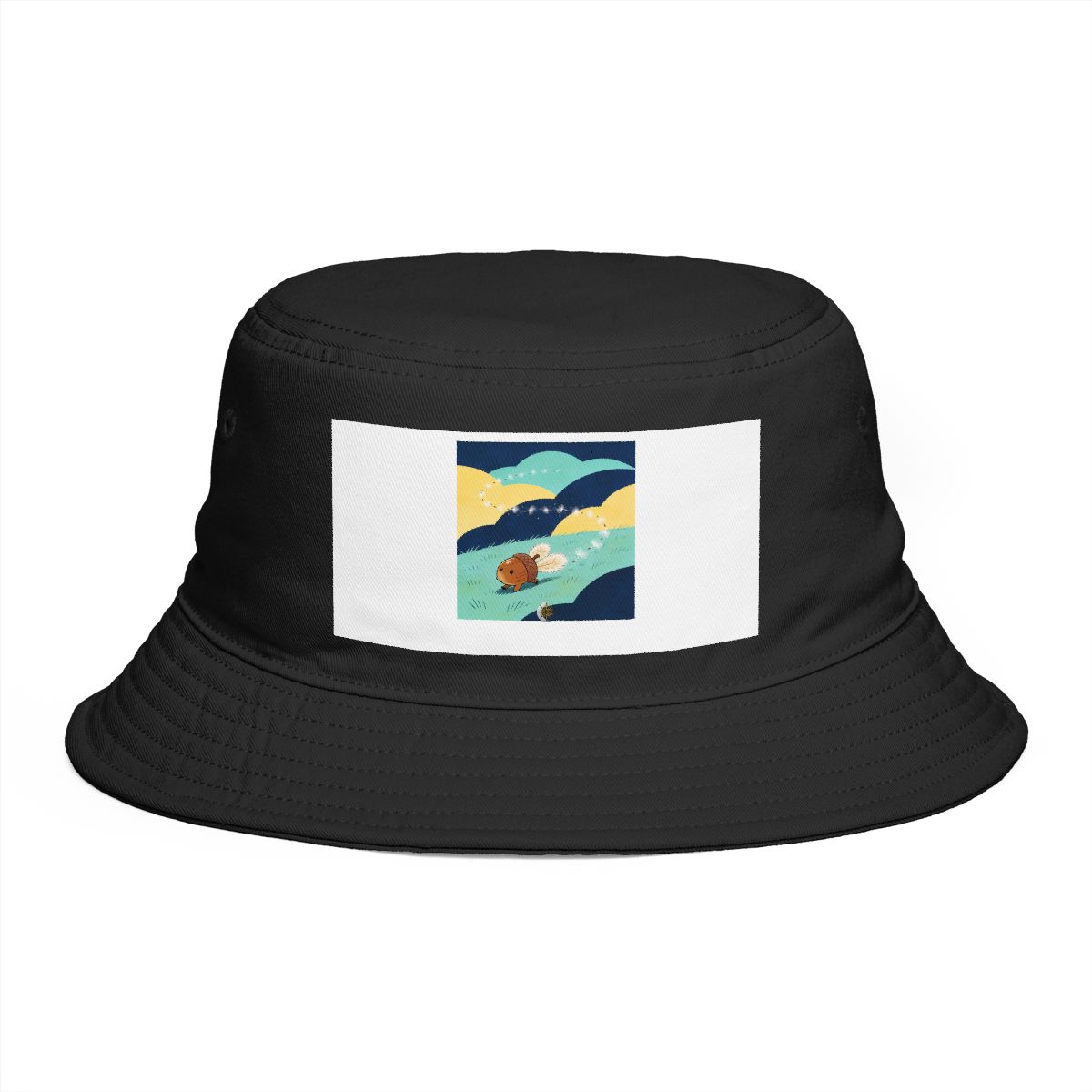 HD Acorn creature with fuzzy fins following a looping trail of seed fluff Bucket Hat