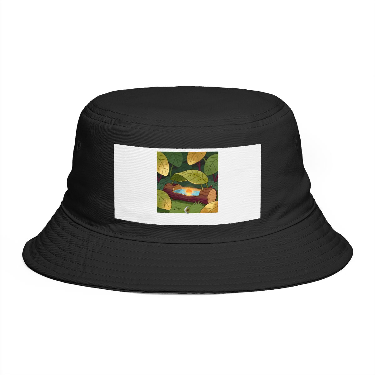 HD Log with a leaf roof cradling a pool of reflected sunrise Bucket Hat