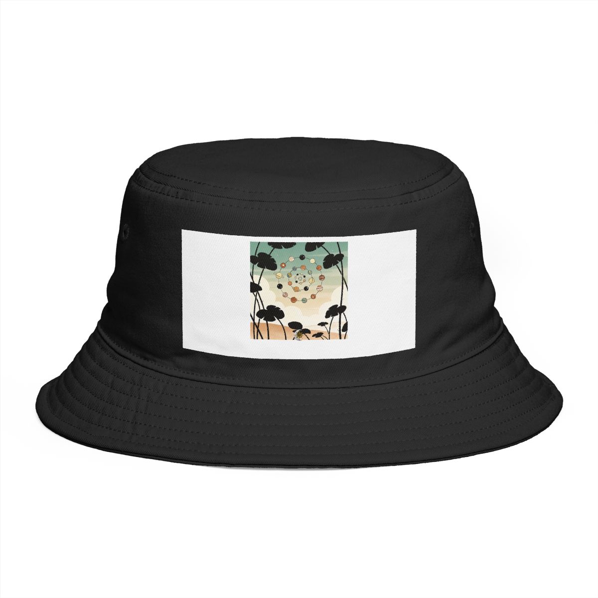 HD Spiral of small planets interlocking with broad plant silhouettes Bucket Hat