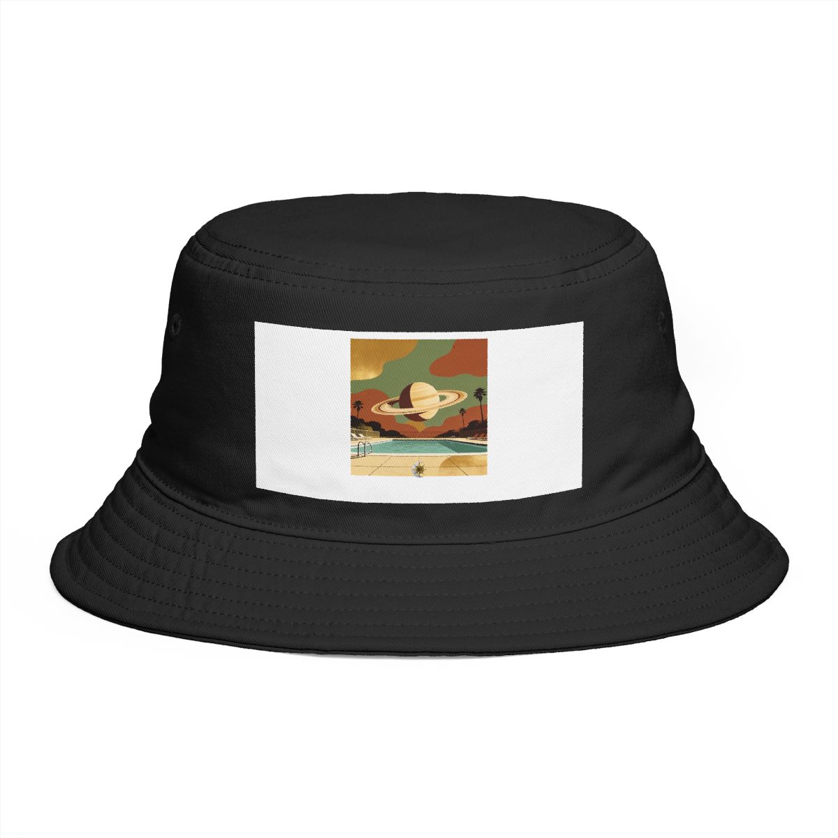 HD Ringed planet over a pool arranged as overlapping flat color shapes Bucket Hat
