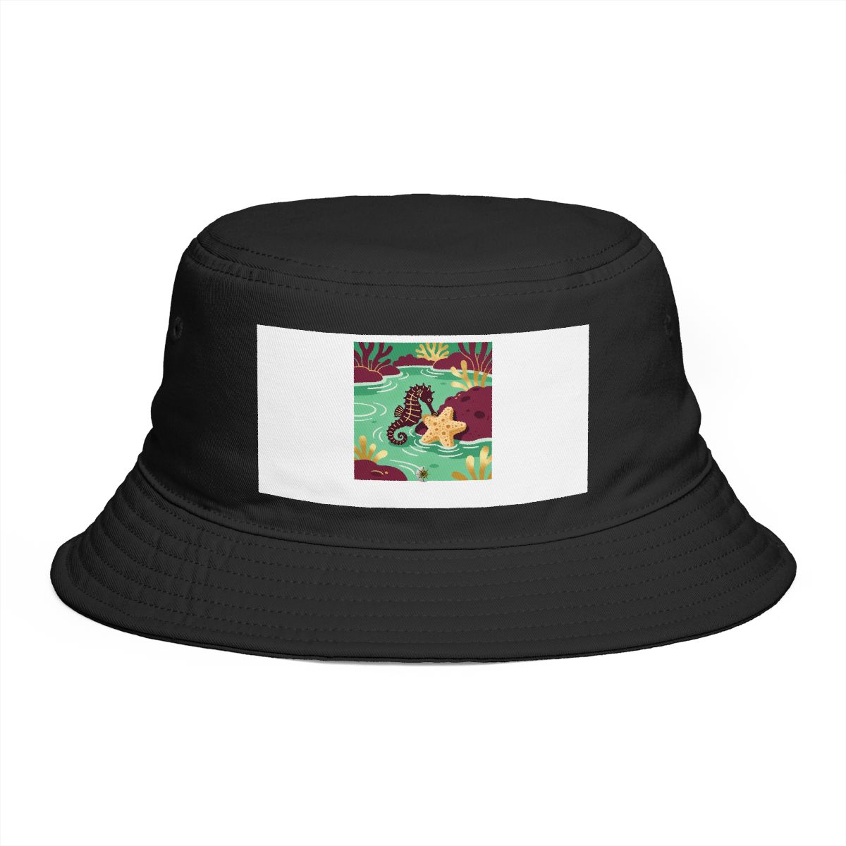 HD Seahorse resting near a star-shaped sea sponge Bucket Hat