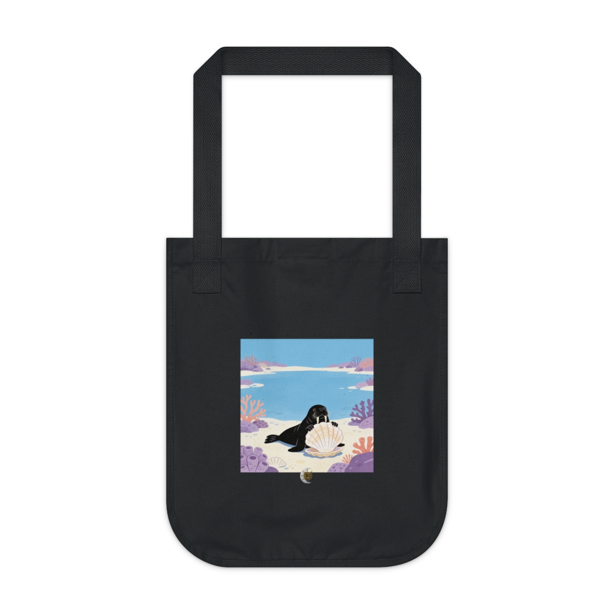 HD Walrus peeking from behind an oversized shell Organic Canvas Tote