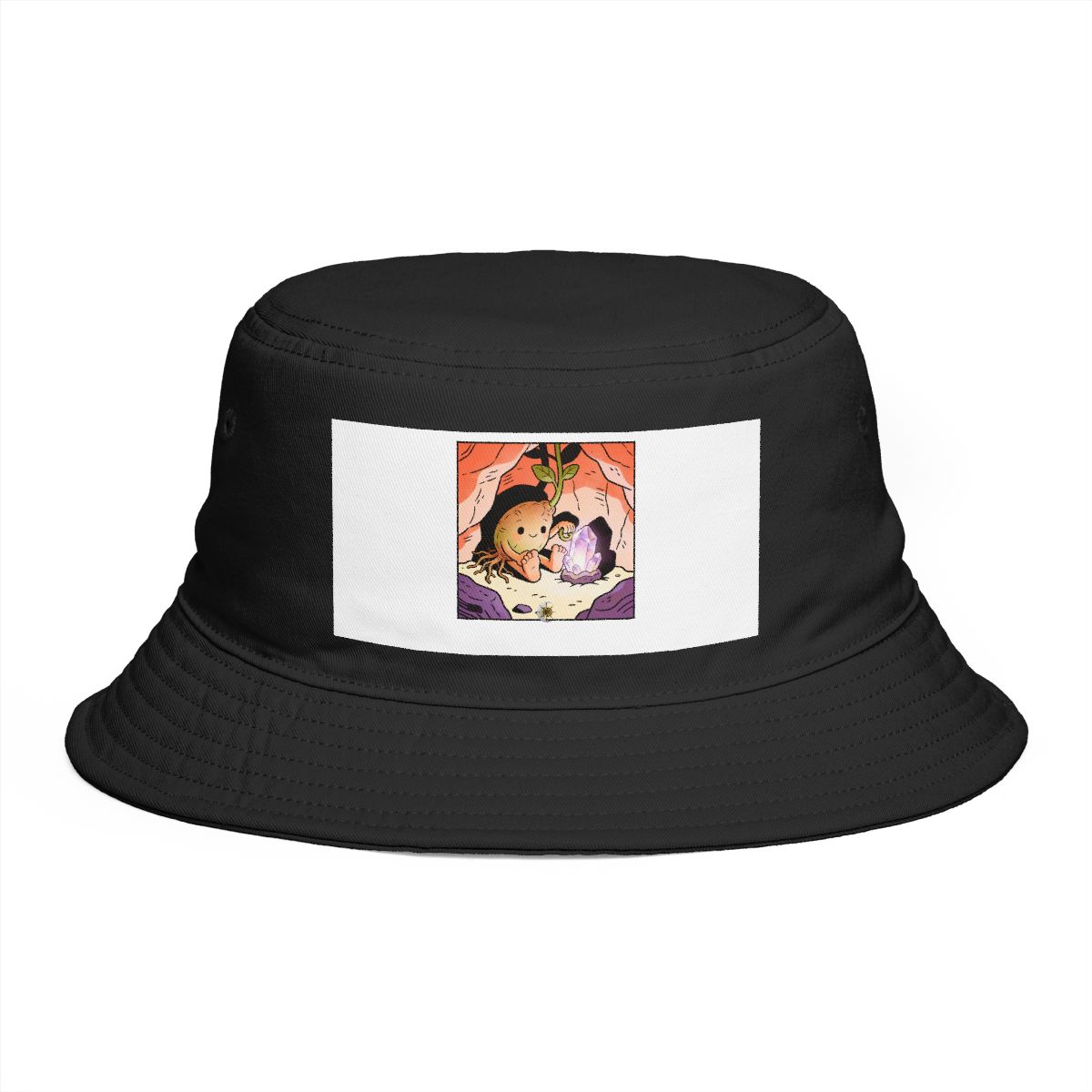 HD Seed creature with root toes curled beside a glowing mineral Bucket Hat