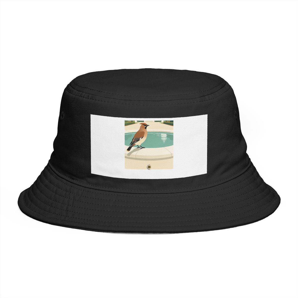 HD Waxwing pausing beside a reflective pool Bucket Hat