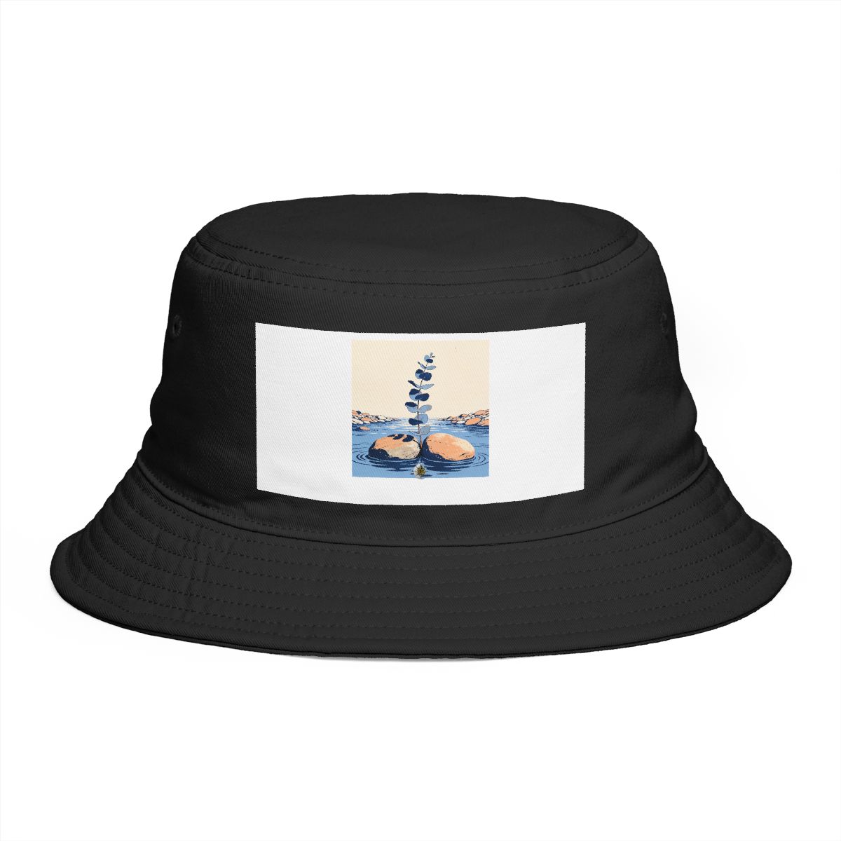 HD Eucalyptus stem emerging between two broad river stones Bucket Hat