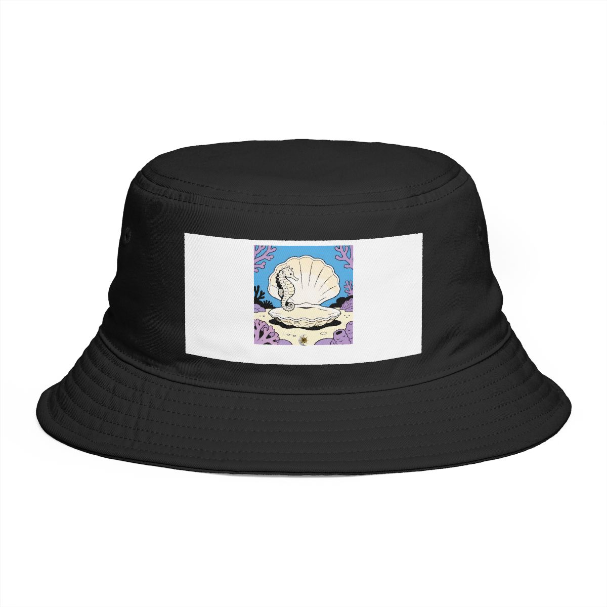 HD Seahorse peeking from behind an oversized shell Bucket Hat