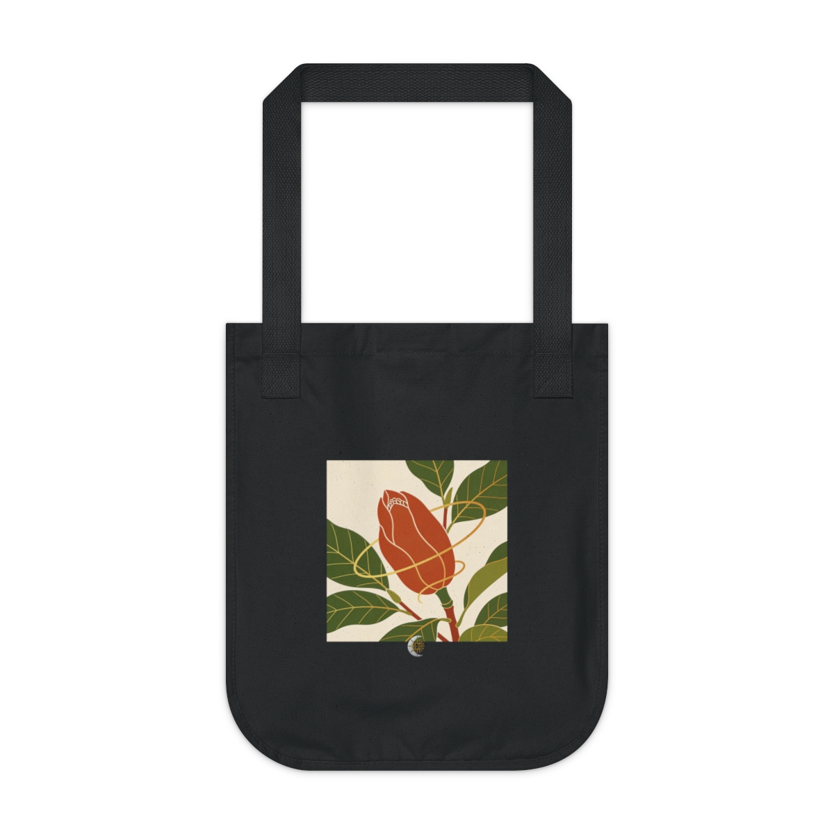 HD Magnolia seedpod interwoven with a single looping wind line Organic Canvas Tote