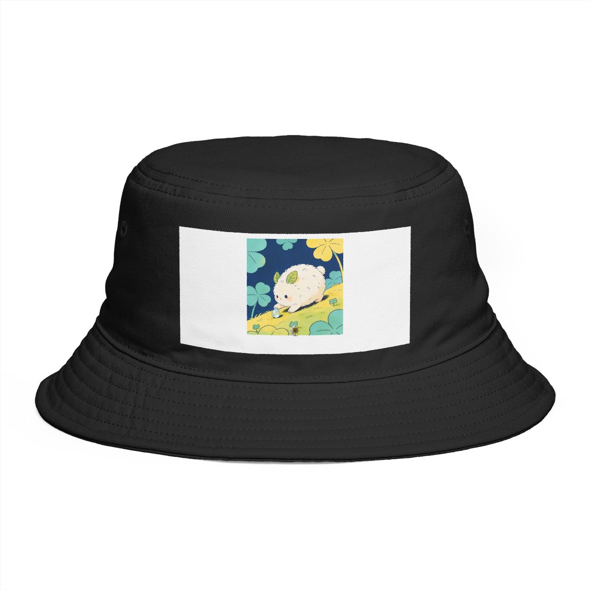 HD Puffball creature with leaf ears gently rolling a dew drop uphill Bucket Hat
