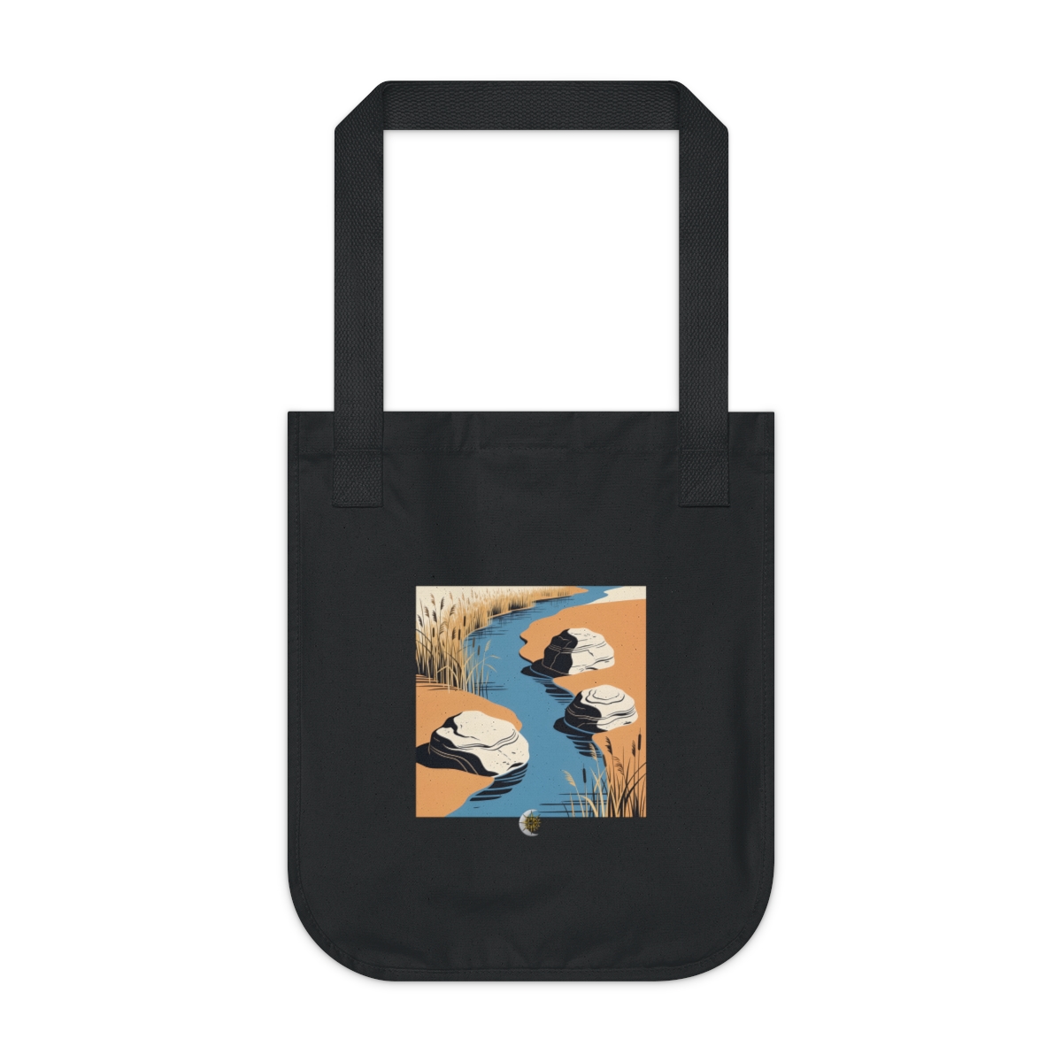 HD Reed-lined creek flowing between three sculptural stone masses Organic Canvas Tote