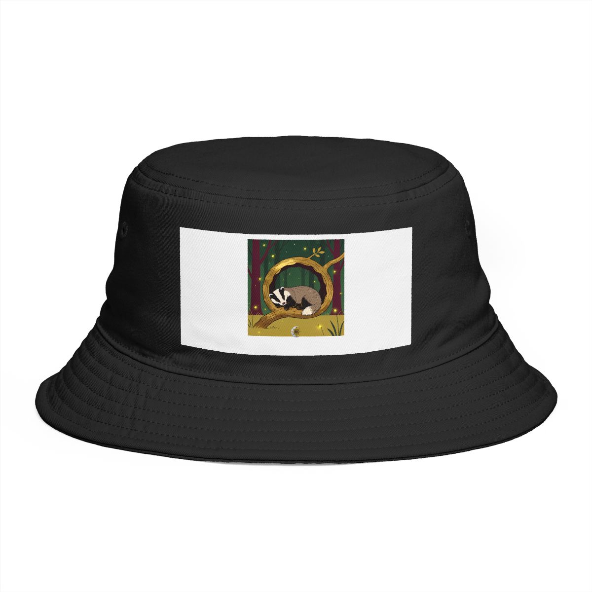 HD Badger napping inside a curved hollow branch Bucket Hat