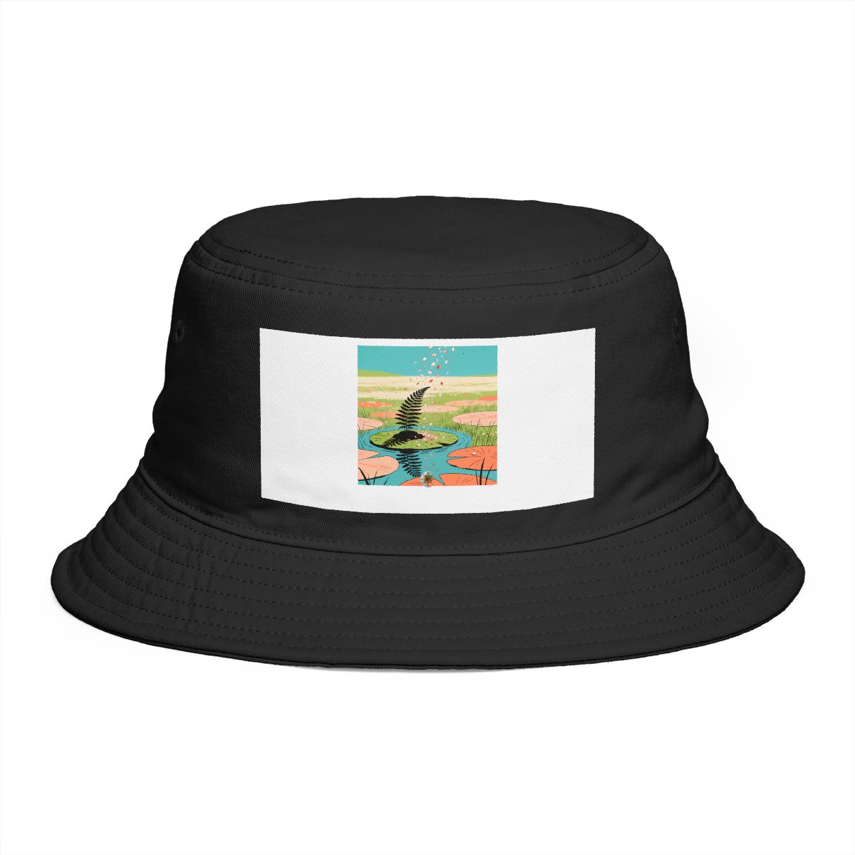 HD Fern on a lily-pad island receiving a shower of falling petals Bucket Hat