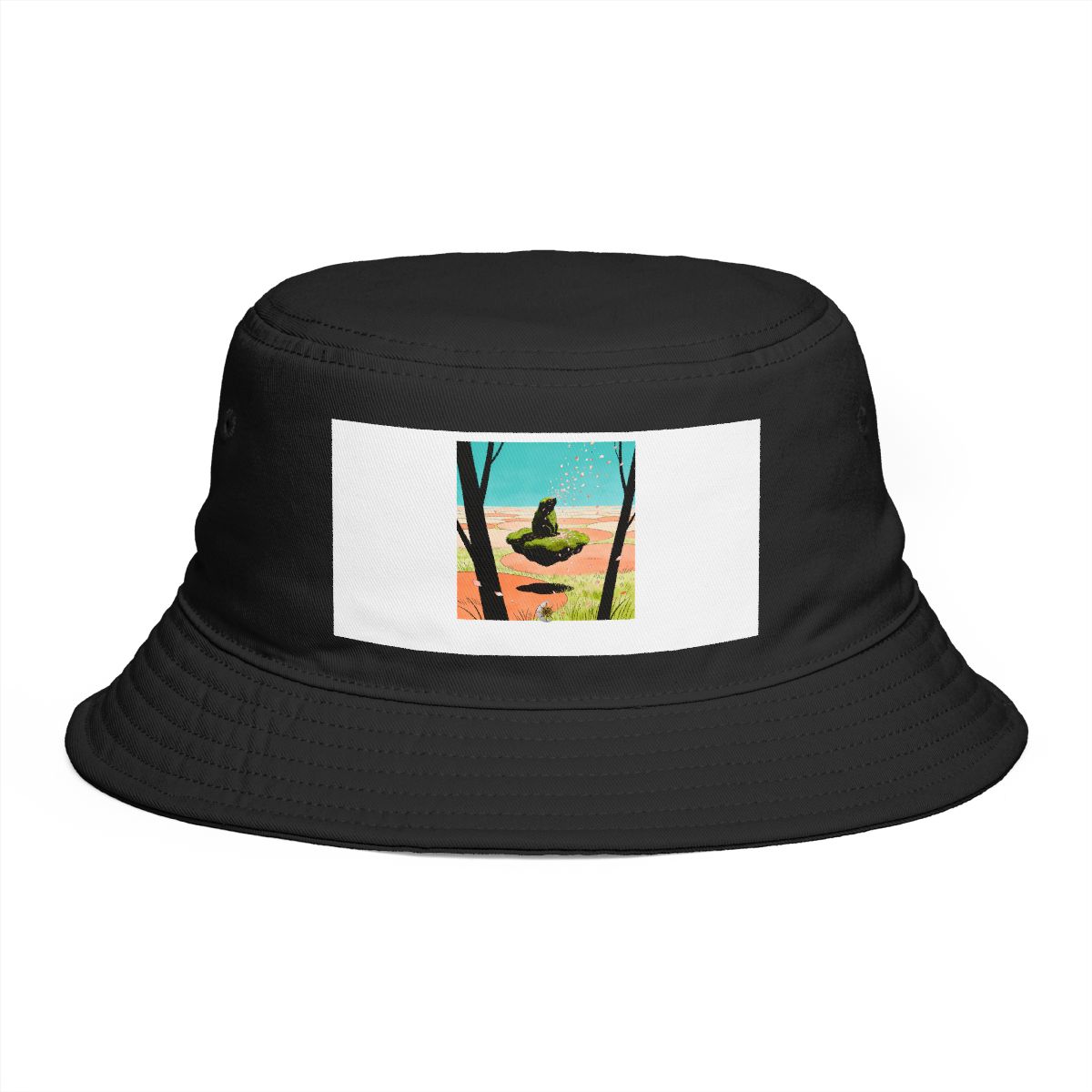 HD Floating moss island receiving a shower of falling petals Bucket Hat