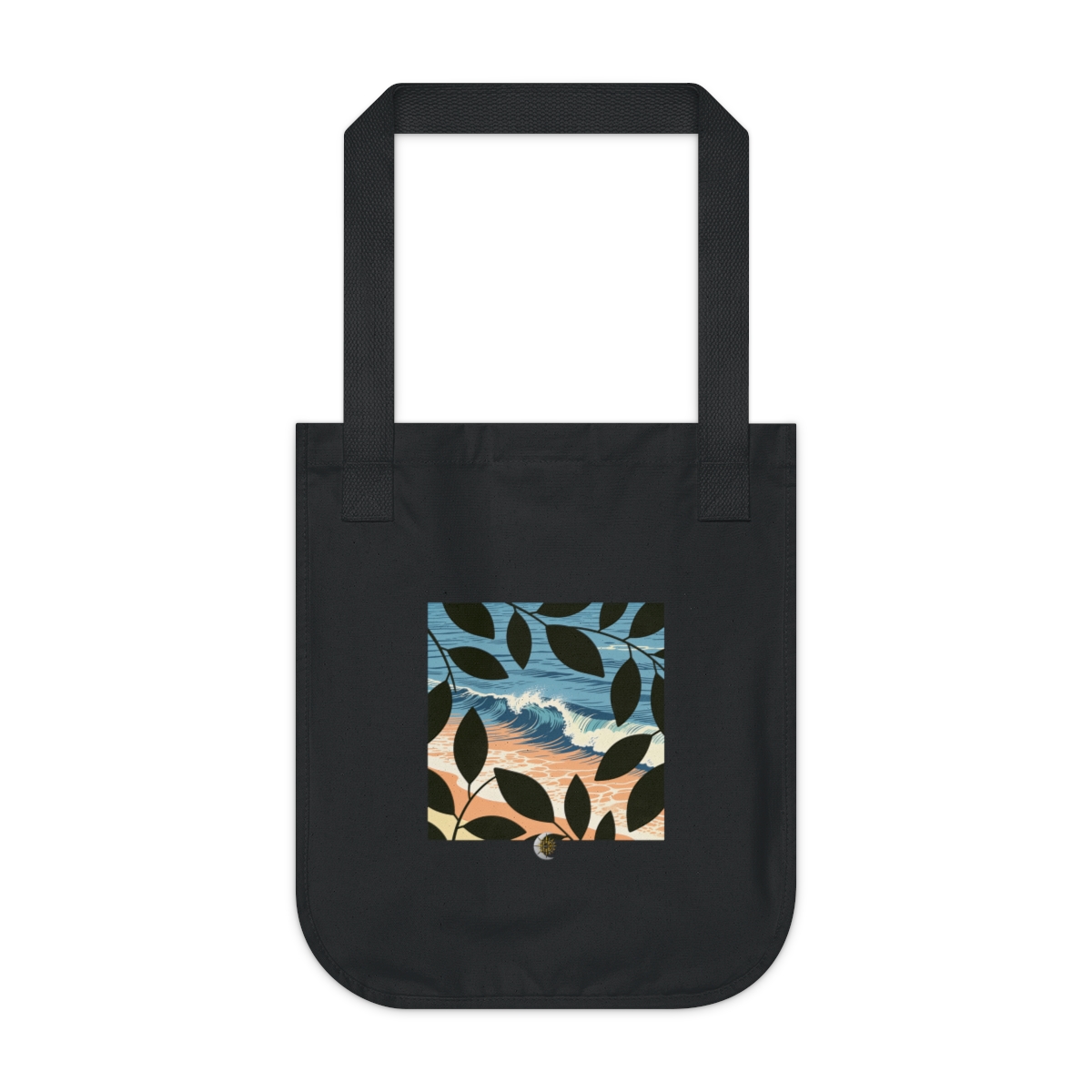 HD Breaking shore wave framed by overlapping leaf silhouettes Organic Canvas Tote