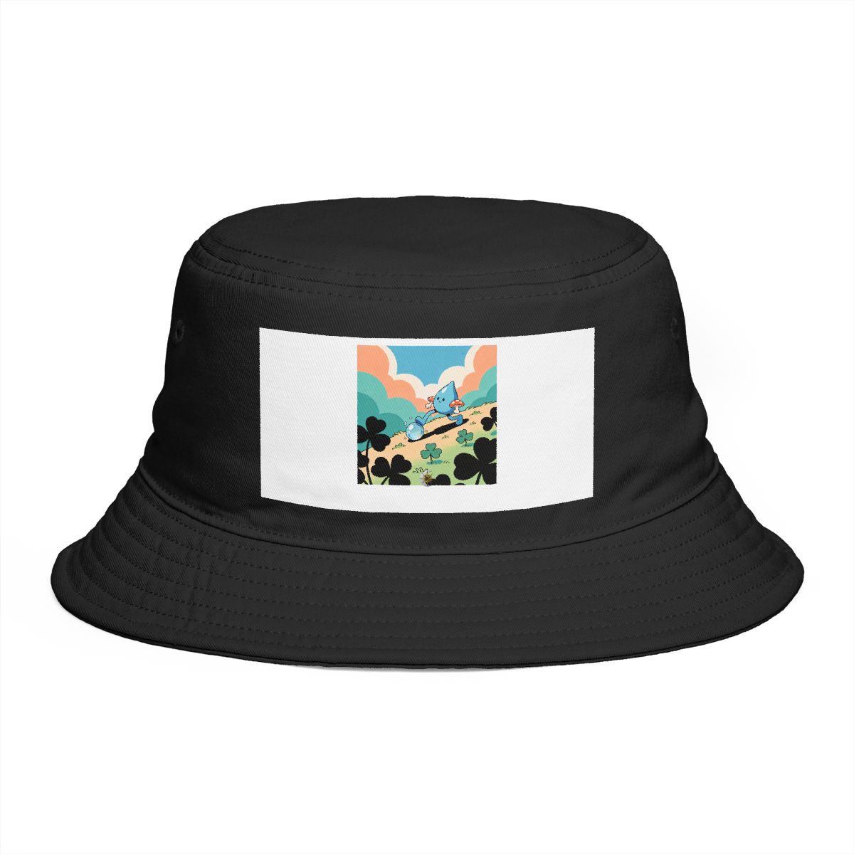 HD Droplet creature with mushroom legs gently rolling a dew drop uphill Bucket Hat
