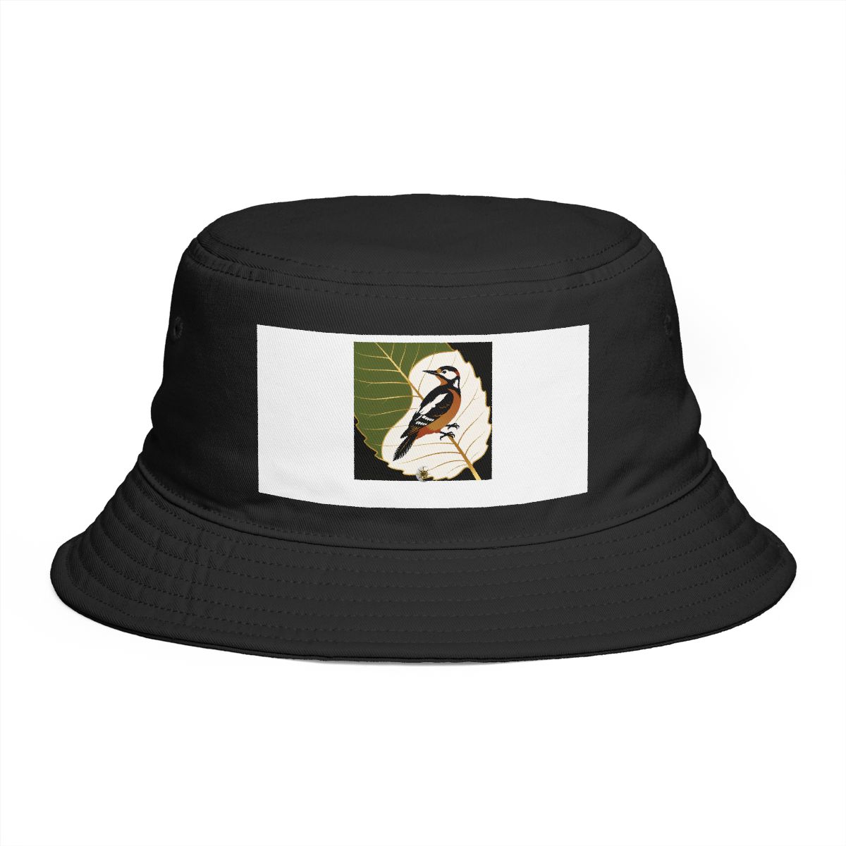 HD Woodpecker framed by one oversized leaf Bucket Hat