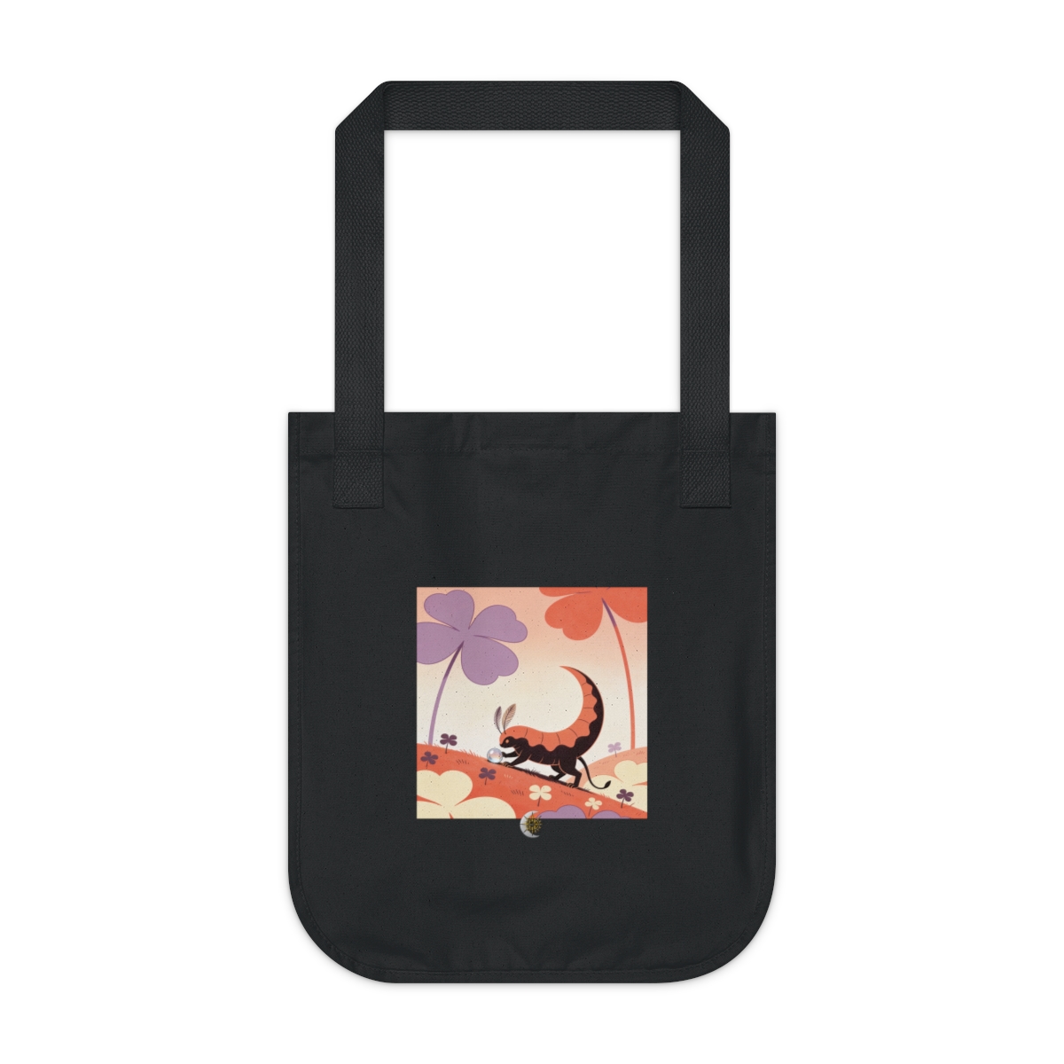 HD Crescent creature with feather antennae gently rolling a dew drop uphill Organic Canvas Tote