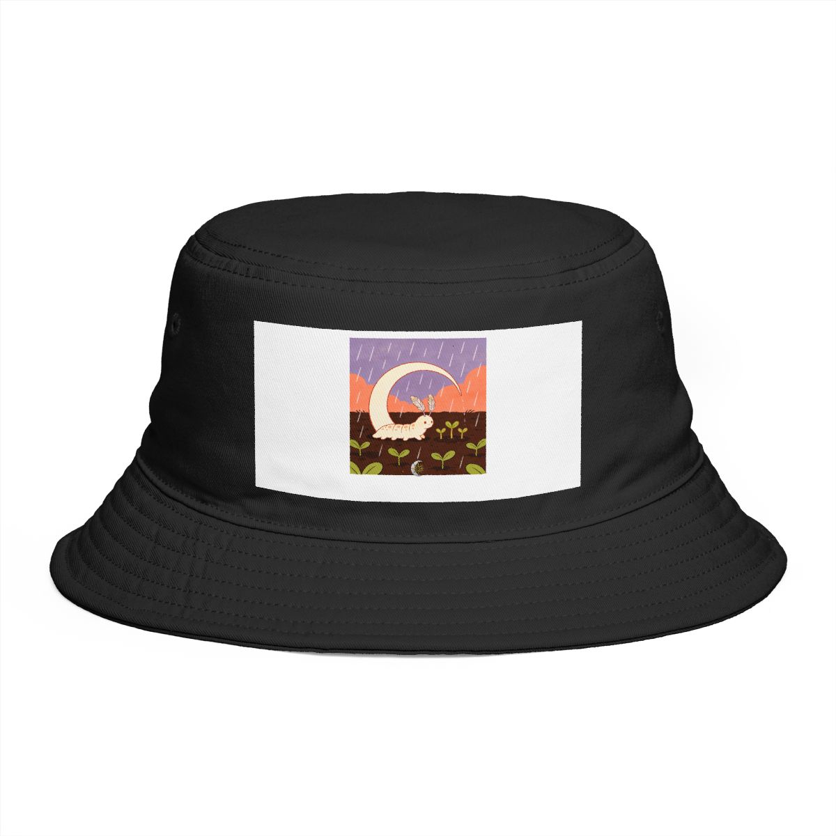 HD Crescent creature with feather antennae sheltering three little sprouts Bucket Hat
