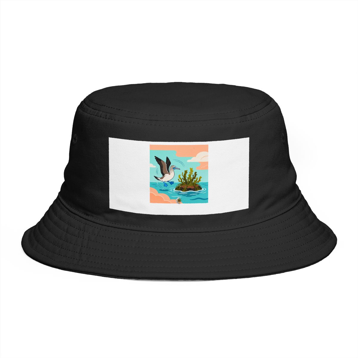 HD Blue-footed booby circling a floating kelp island Bucket Hat