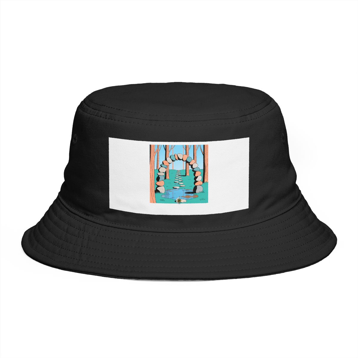 HD Pebble arch over a puddle connected to a distant bank by stepping stones Bucket Hat
