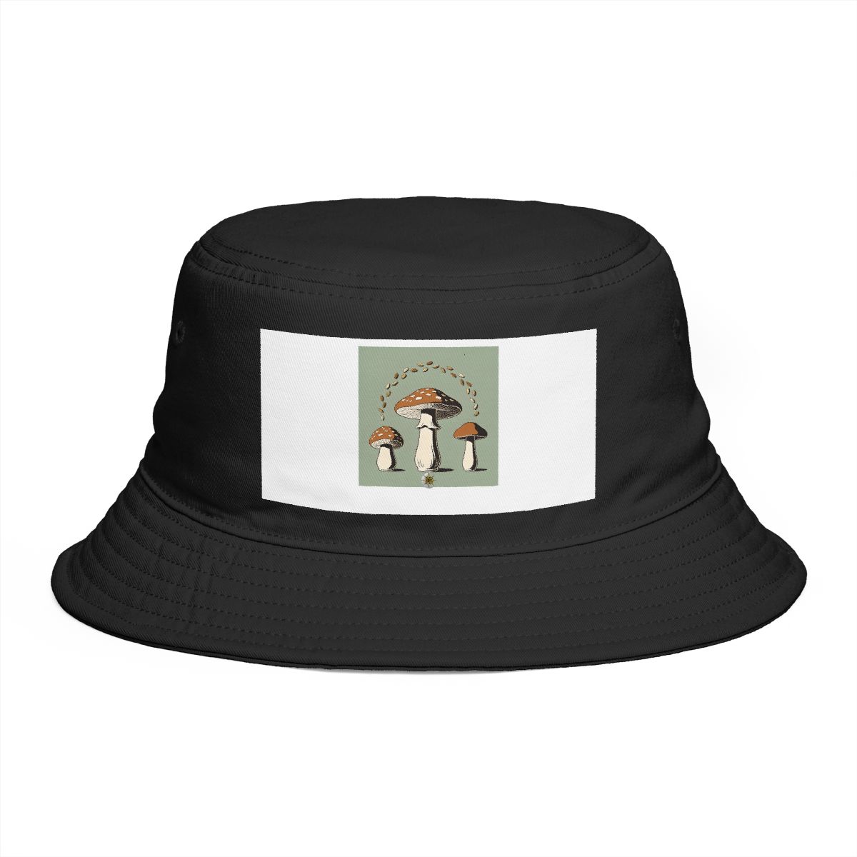 HD Porcelain mushrooms surrounded by an arc of scattered seeds Bucket Hat