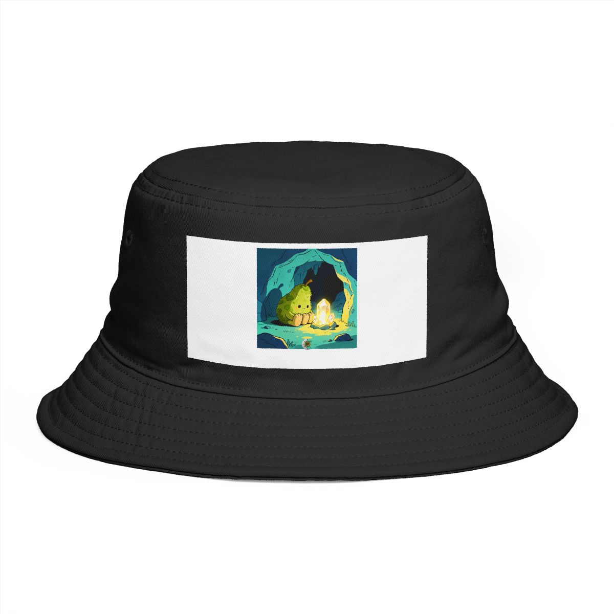 HD Pear-shaped moss creature with four stubby feet curled beside a glowing mineral Bucket Hat