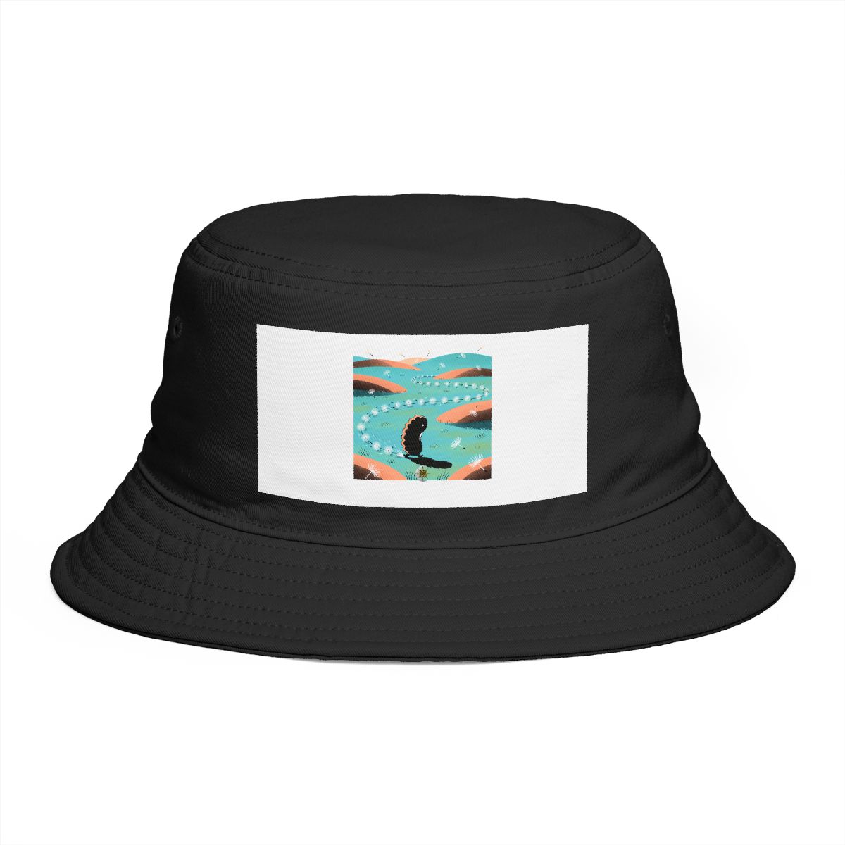 HD Bean creature with a scalloped back following a looping trail of seed fluff Bucket Hat