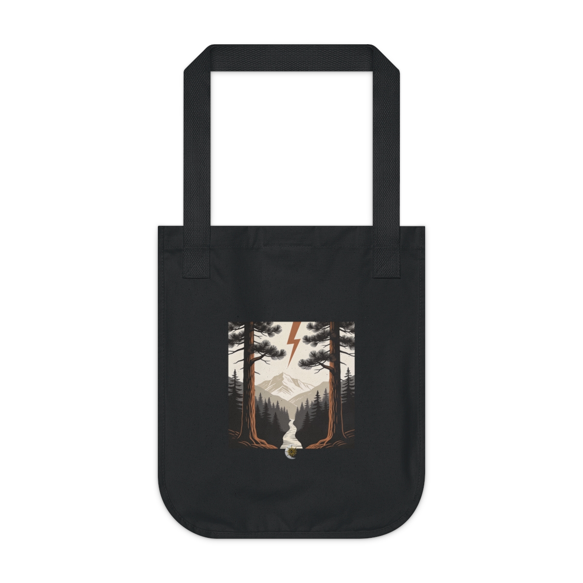 HD Lightning-split pine framing a narrow distant mountain pass Organic Canvas Tote