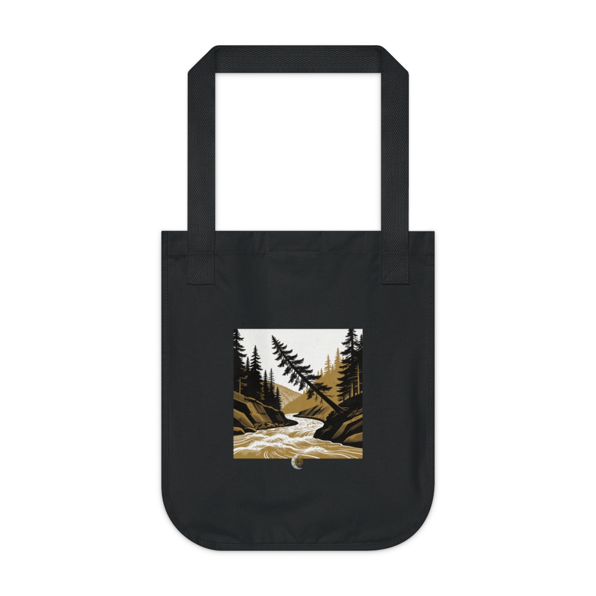 HD Spruce crown leaning above a swift river bend Organic Canvas Tote