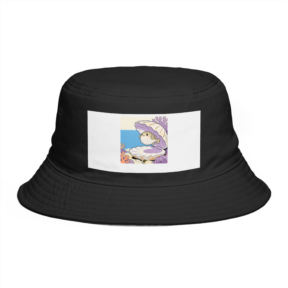 HD Round pufferfish peeking from behind an oversized shell Bucket Hat