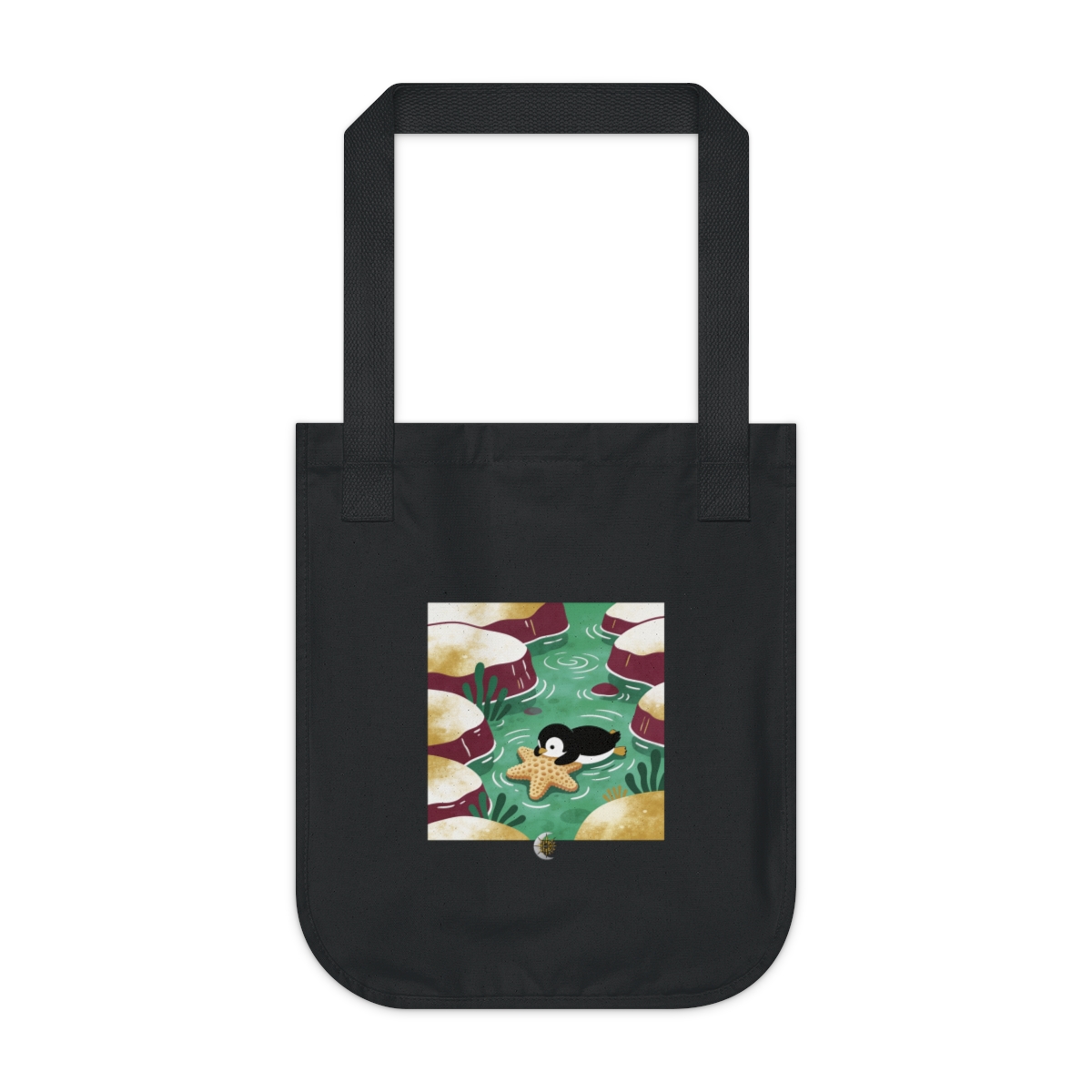 HD Little penguin resting near a star-shaped sea sponge Organic Canvas Tote