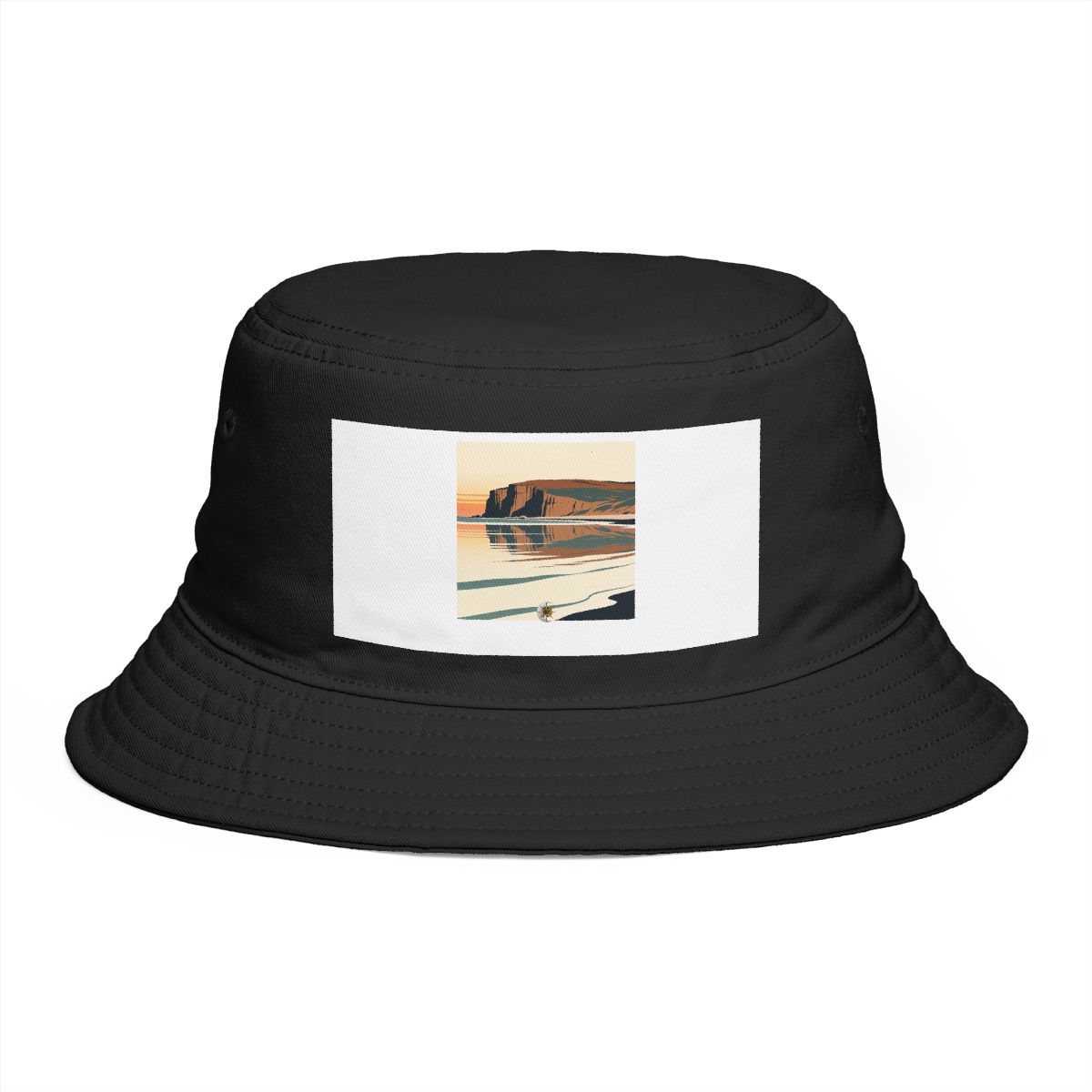HD Low coastal cliffs reflected in a broad band of still water Bucket Hat