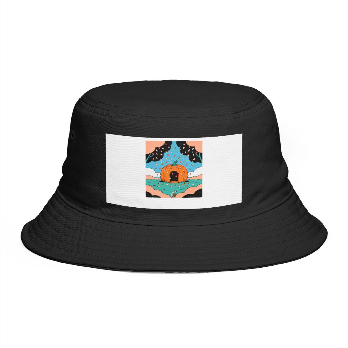 HD Doorless pumpkin shelter receiving a shower of falling petals Bucket Hat
