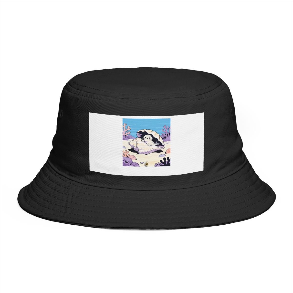 HD Baby seal peeking from behind an oversized shell Bucket Hat
