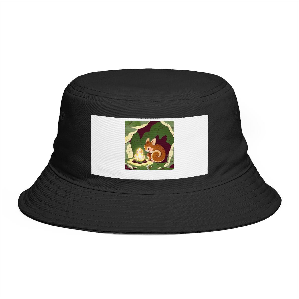 HD Acorn creature with fuzzy fins curled beside a glowing mineral Bucket Hat