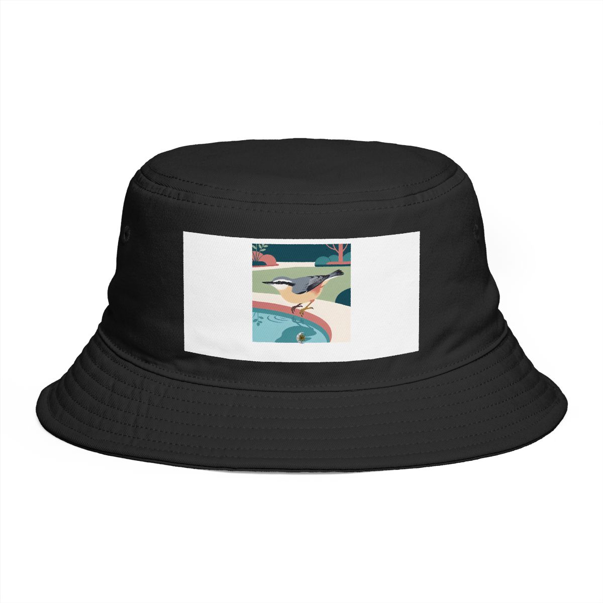 HD Nuthatch pausing beside a reflective pool Bucket Hat