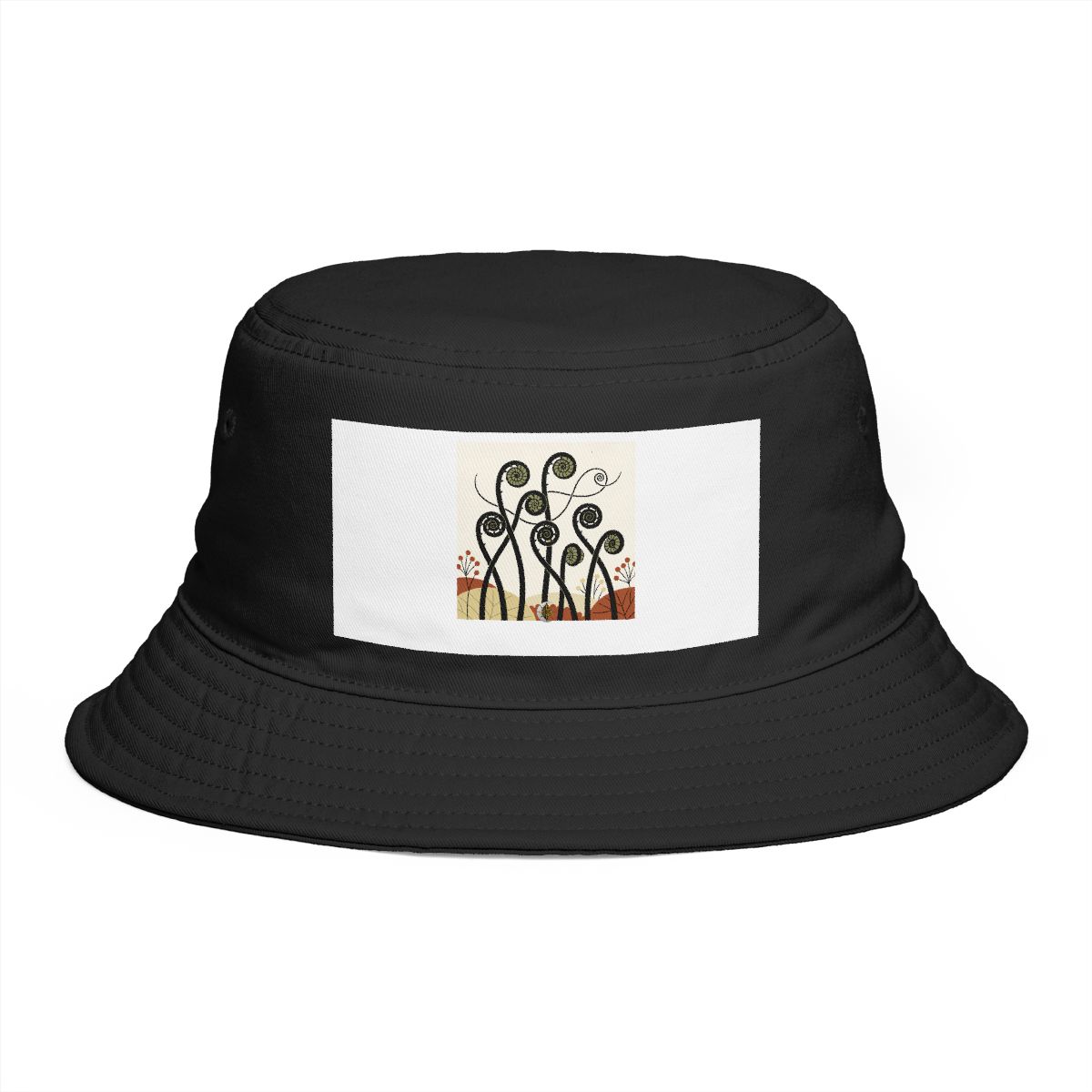 HD Fiddlehead cluster interwoven with a single looping wind line Bucket Hat